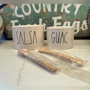NIB Rae Dunn Magenta Stoneware SALSA + GUAC Serving Set With Wooden Spreaders